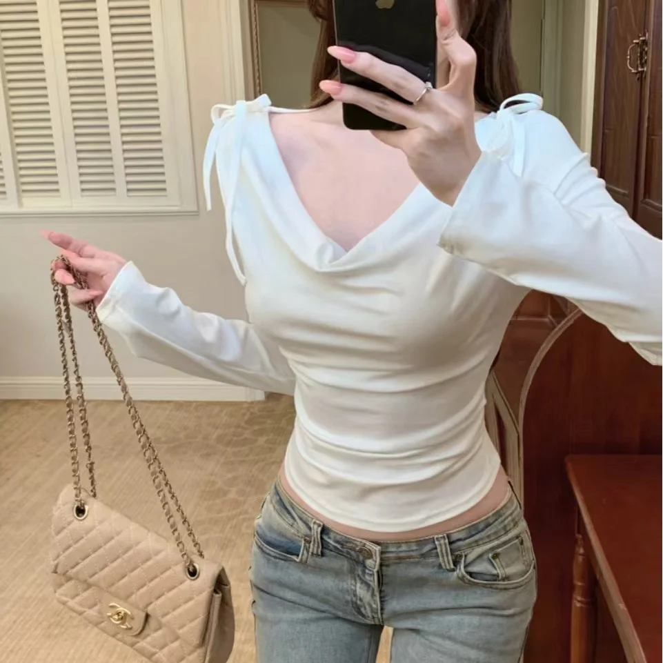 New Swing Collar Bow Tie T-shirt Women Long Sleeve Slim Casual Bottoming Top Multiple Wearing Styles Tops