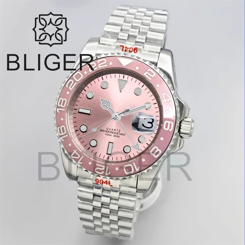 BLIGER 40 مللي متر GMT ساعات رجالية 100 متر مقاوم للماء شعار مخصص السيراميك الياقوت الزجاج الفولاذ المقاوم للصدأ الأعمال التلقائي ساعة رجالية