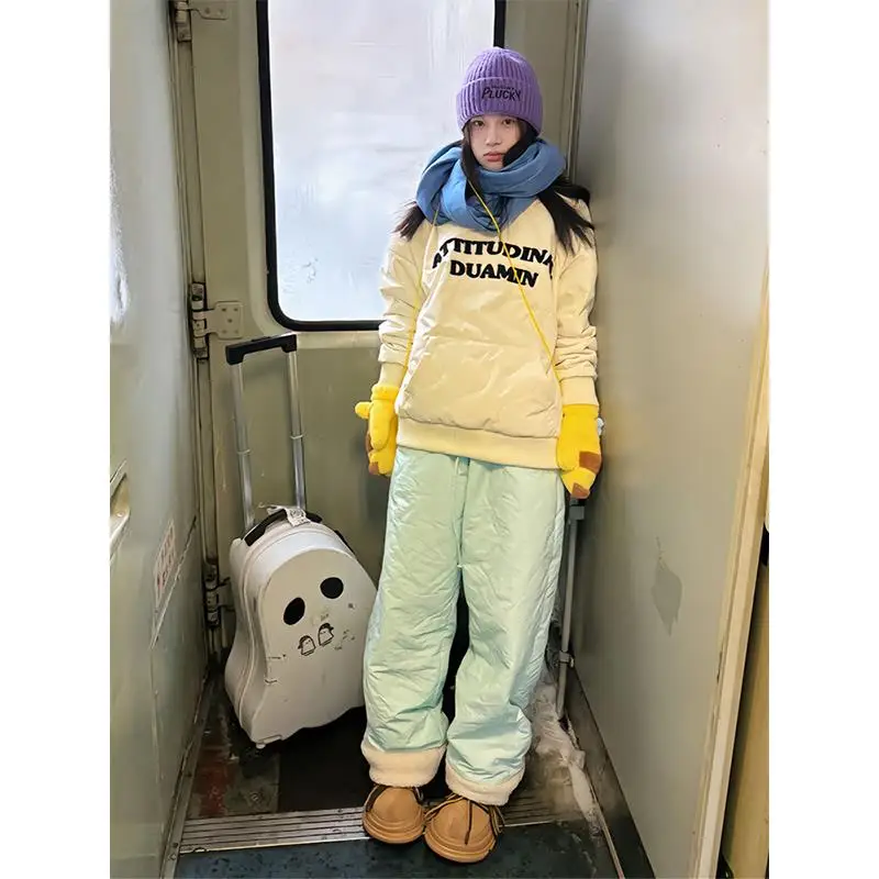 

Northeastern Women's Lamb Velvet down Pants Straight Leg Winter Thiened Warm Snow Country Skiing Trousers Youth Casual Faion