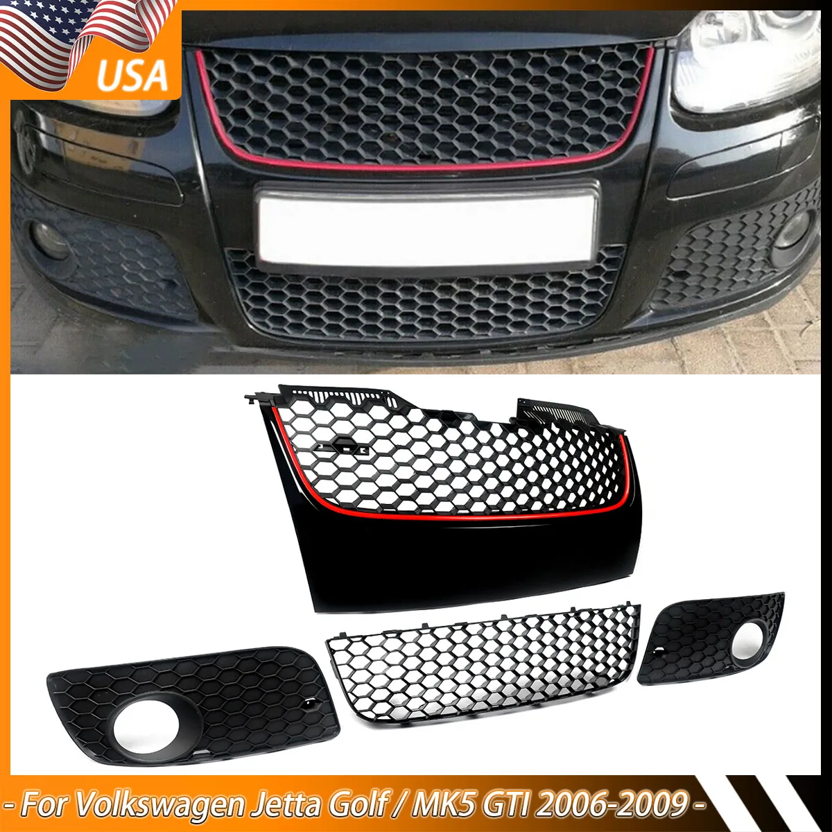 Badgeless Front Honeycomb Grille Set For 2006-2009 VW Golf MK5 Jetta GLI GTI