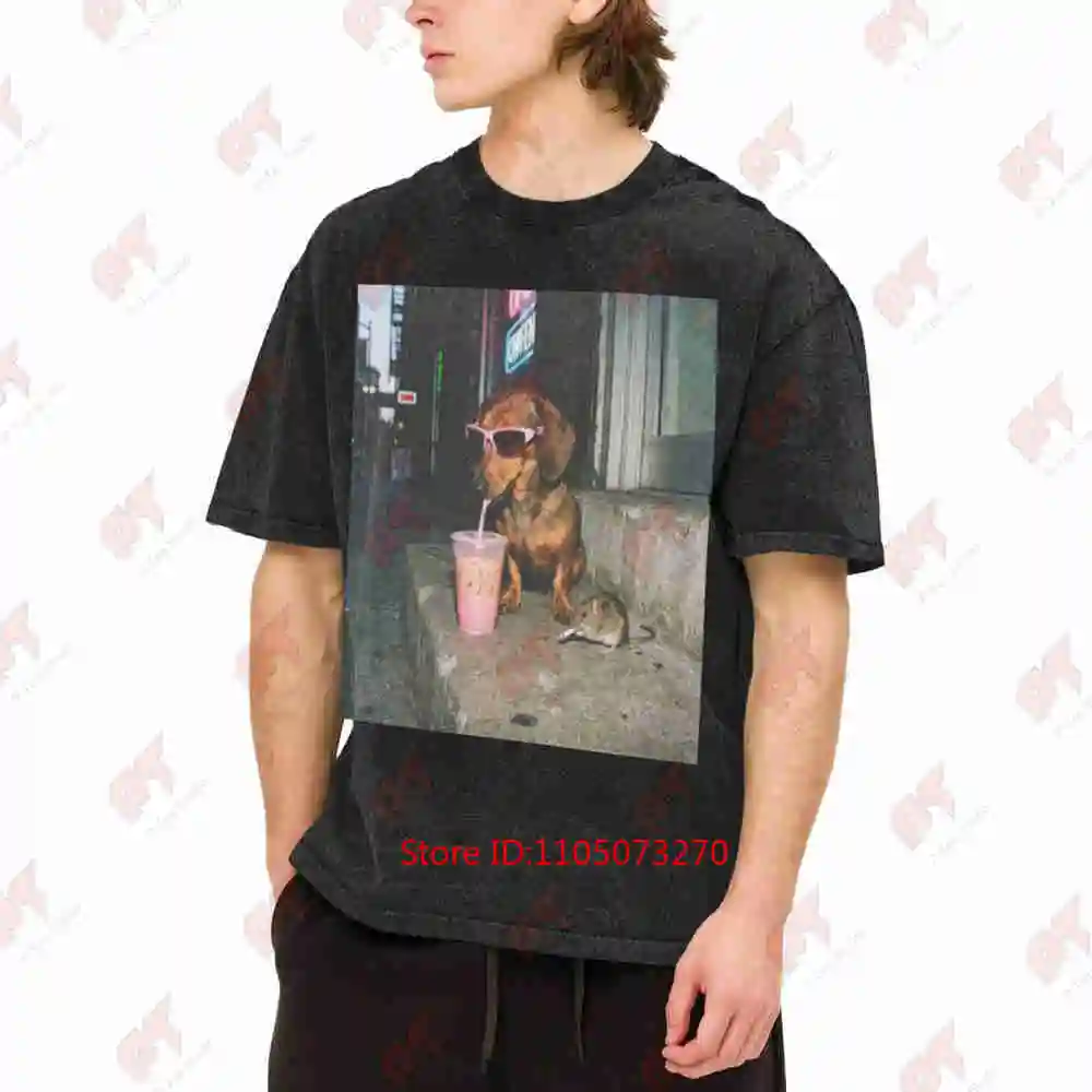 Ironic Dachshund Iced Coffee Wiener Dog Pink Sunglasses Lover Funny Aesthetic Vintage Washed Tee Pure Cotton T-Shirt