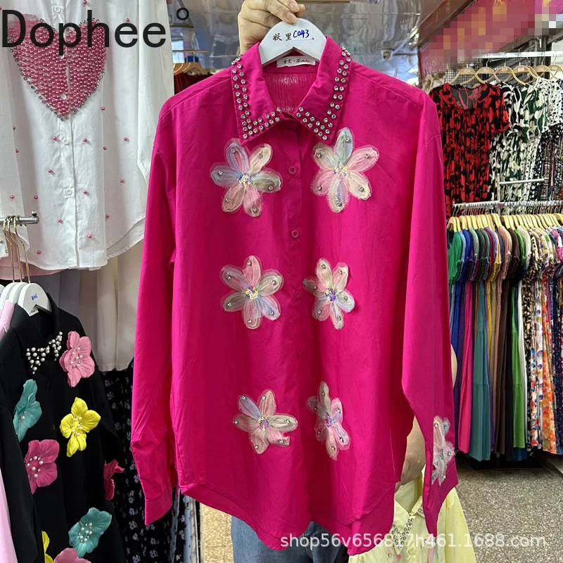 

Luxury Diamonds Flowers Spring Summer Loose Cardigans Top All-match Long Sleeve Casual Shirts Fashion Single-breasted Blouses