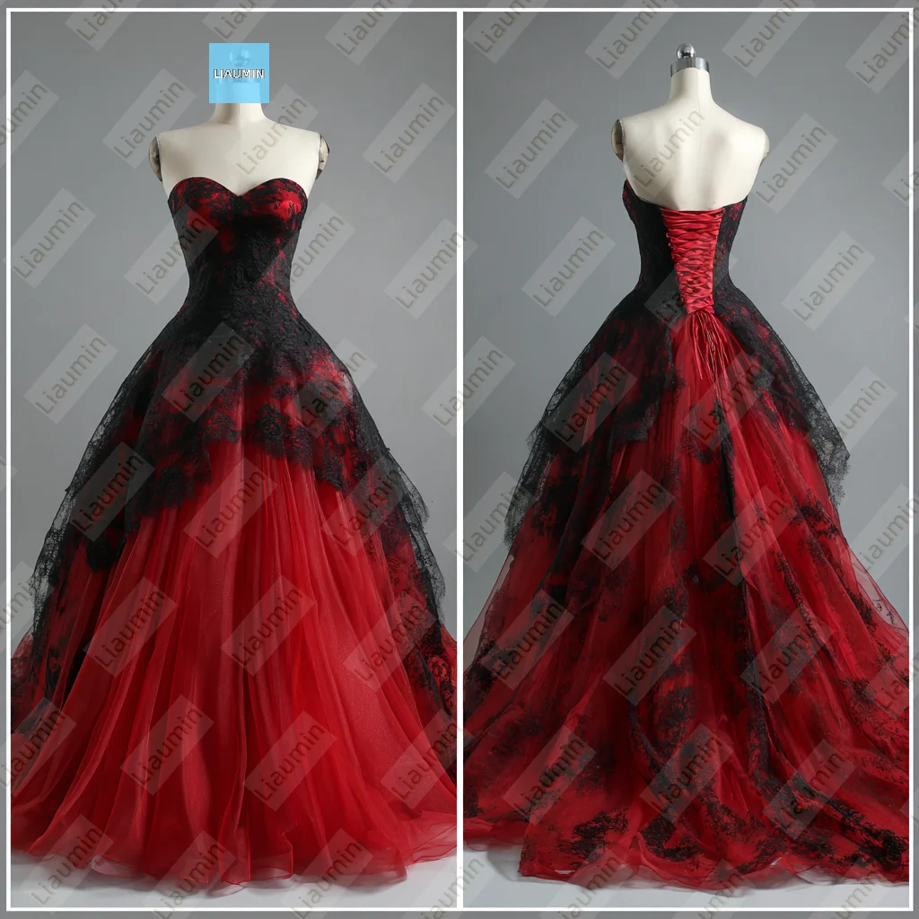 

Classic Red Tulle Black Lace Applique Strapless Floor Length Evening Prom Wedding Formal Dress Backless Customized Made A7-1.79