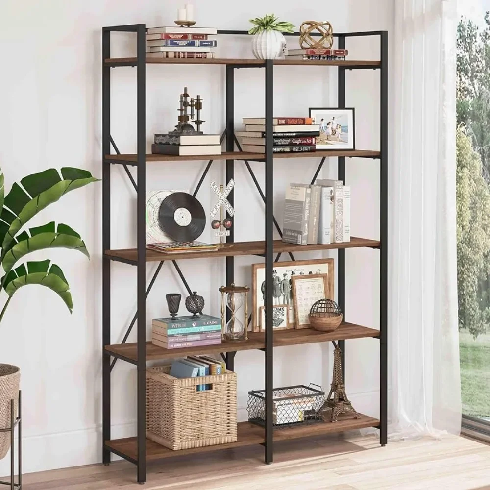 

Tall Wood Metal Shelving Unit for Living Room Bookcase 5 Tier Heavy Duty Open Bookcase Bookshelf Farmhouse Large Book Shelves