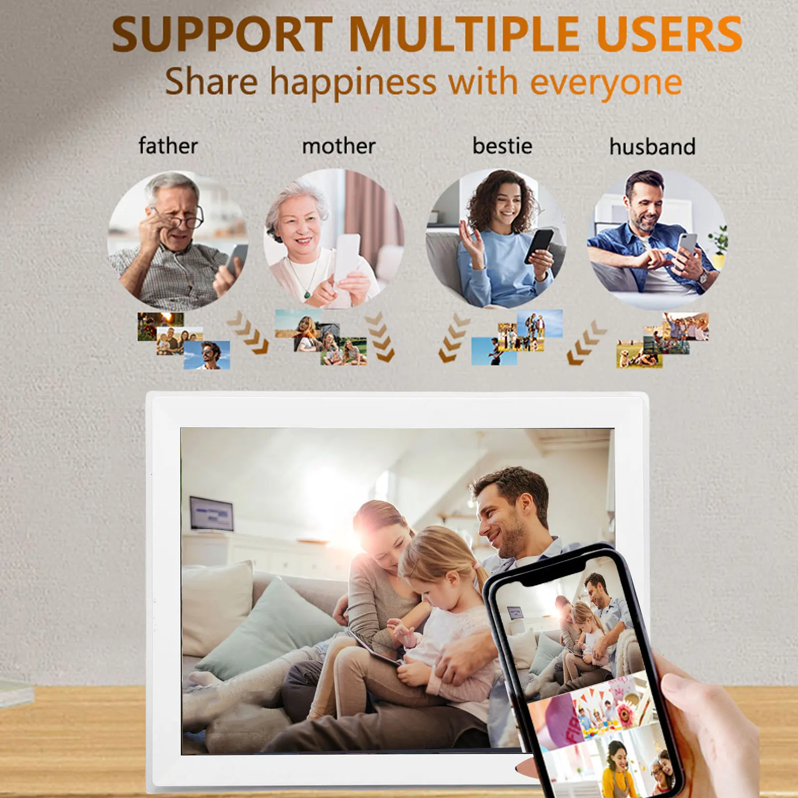 Digital Picture Frame 15 Inch HD Touch Screen 32GB Auto Rotate Wall Mountable WiFi Smart Photo Frame with APP for Photo Video