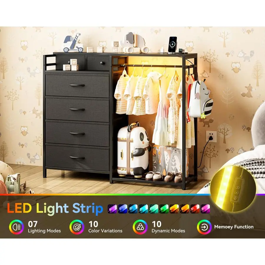 Cômoda para quarto com rack para pendurar roupas, cômoda reversível para quarto com sapateira 6 gavetas de tecido, baú de armazenamento 3 em 1