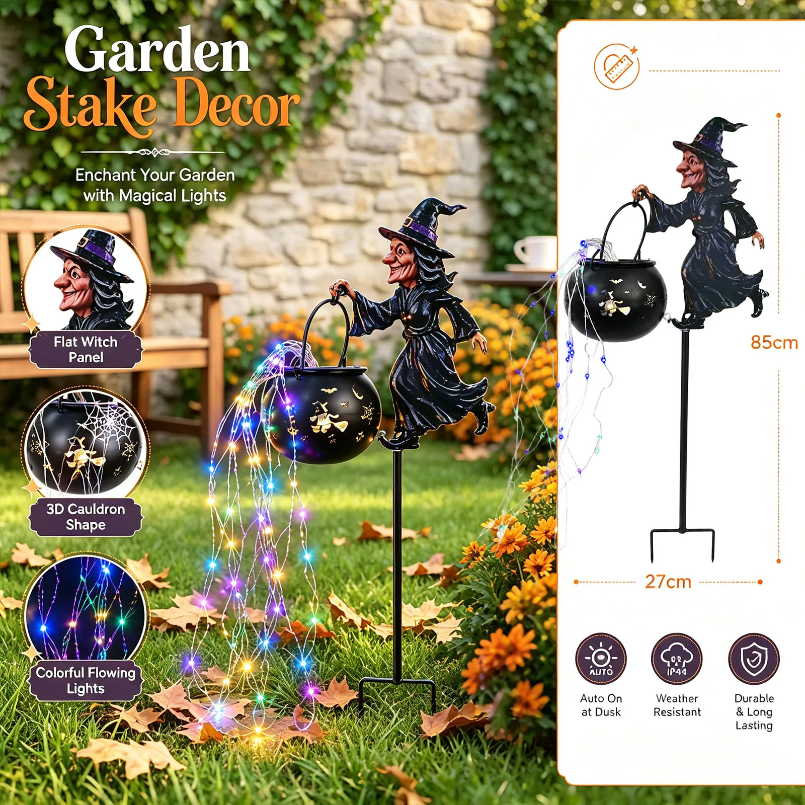 Outdoor Witch Cauldron Garden Light Halloween Retro Metal Witch Cauldron Garden Lights Yard Waterproof Watering Can Lights