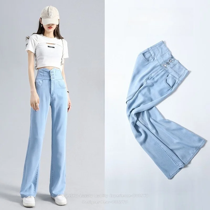 Plus Length 2026 Summer Thin Lyocell Fabric Women's Flare Jeans High Waist Three-Button Denim Pants Casual Long Trousers Girl