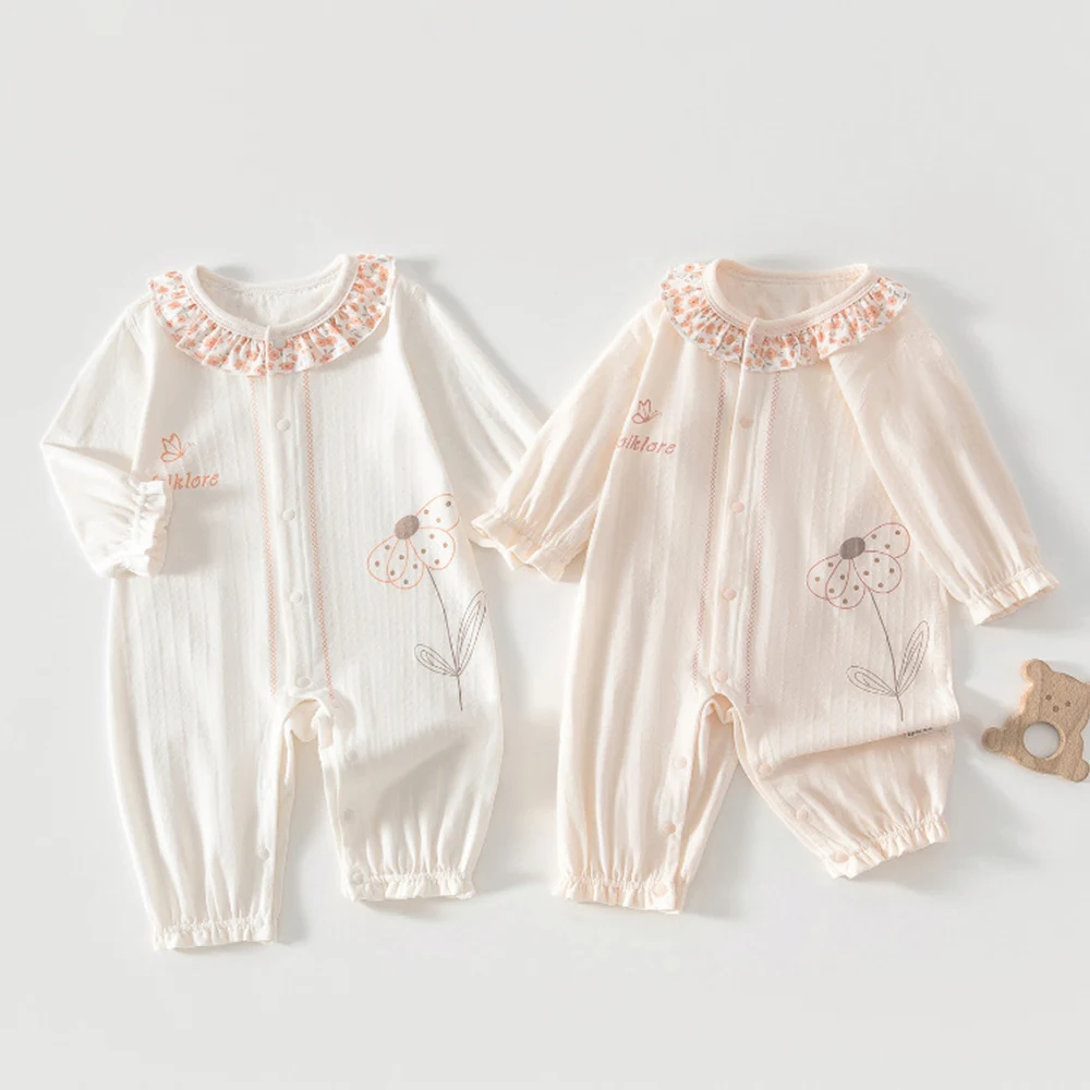 Newborn Baby Girl Jumpsuit Long Sleeve Summer Thin Lightweight Infant Clothes Cotton Baby Romper Snap Front