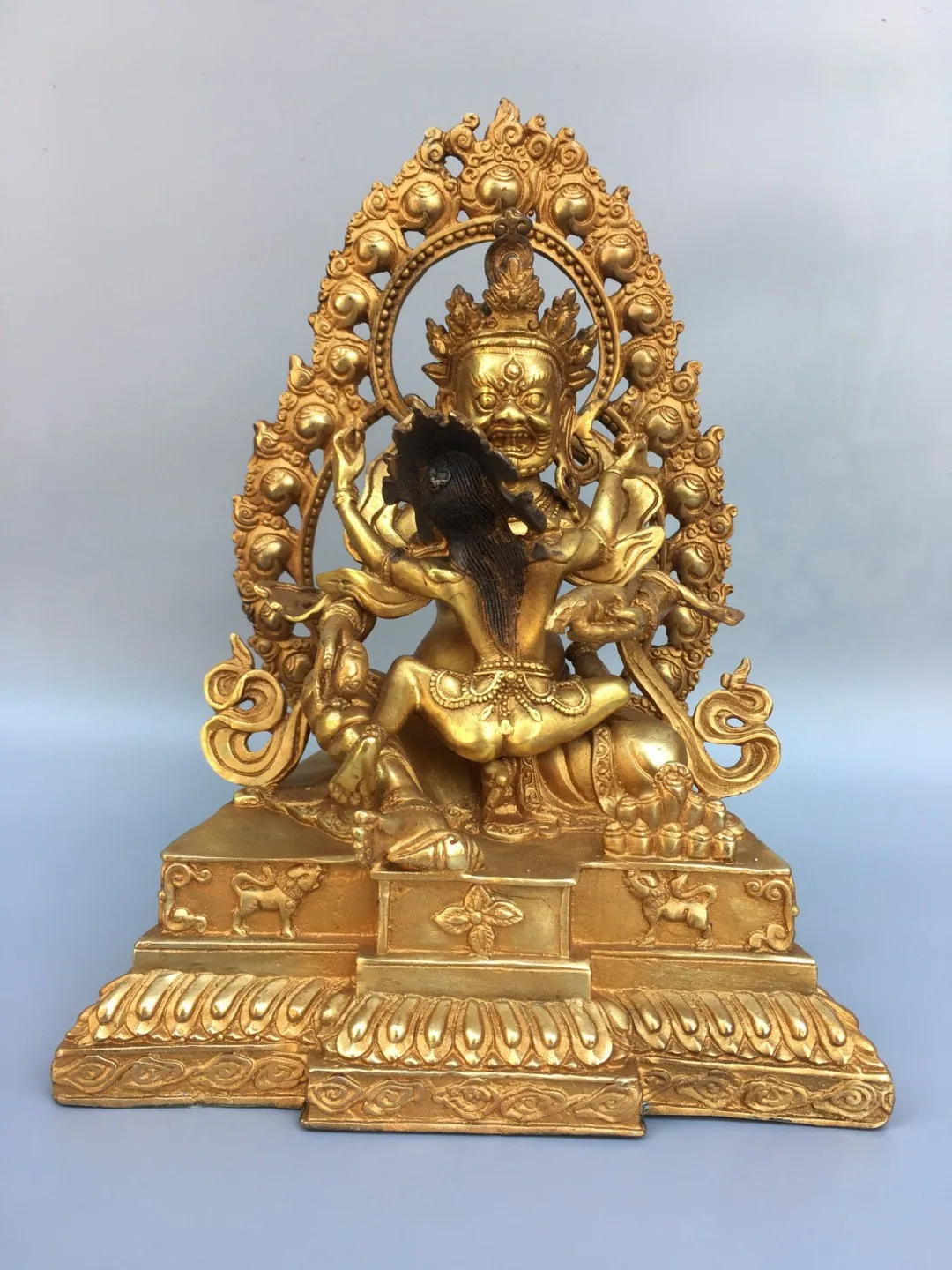 

Tibetan Nepalese Brass Gilt Backlit Red God of Wealth Happy Buddha Ornament Home Buddhist Hall Supplies 24cm