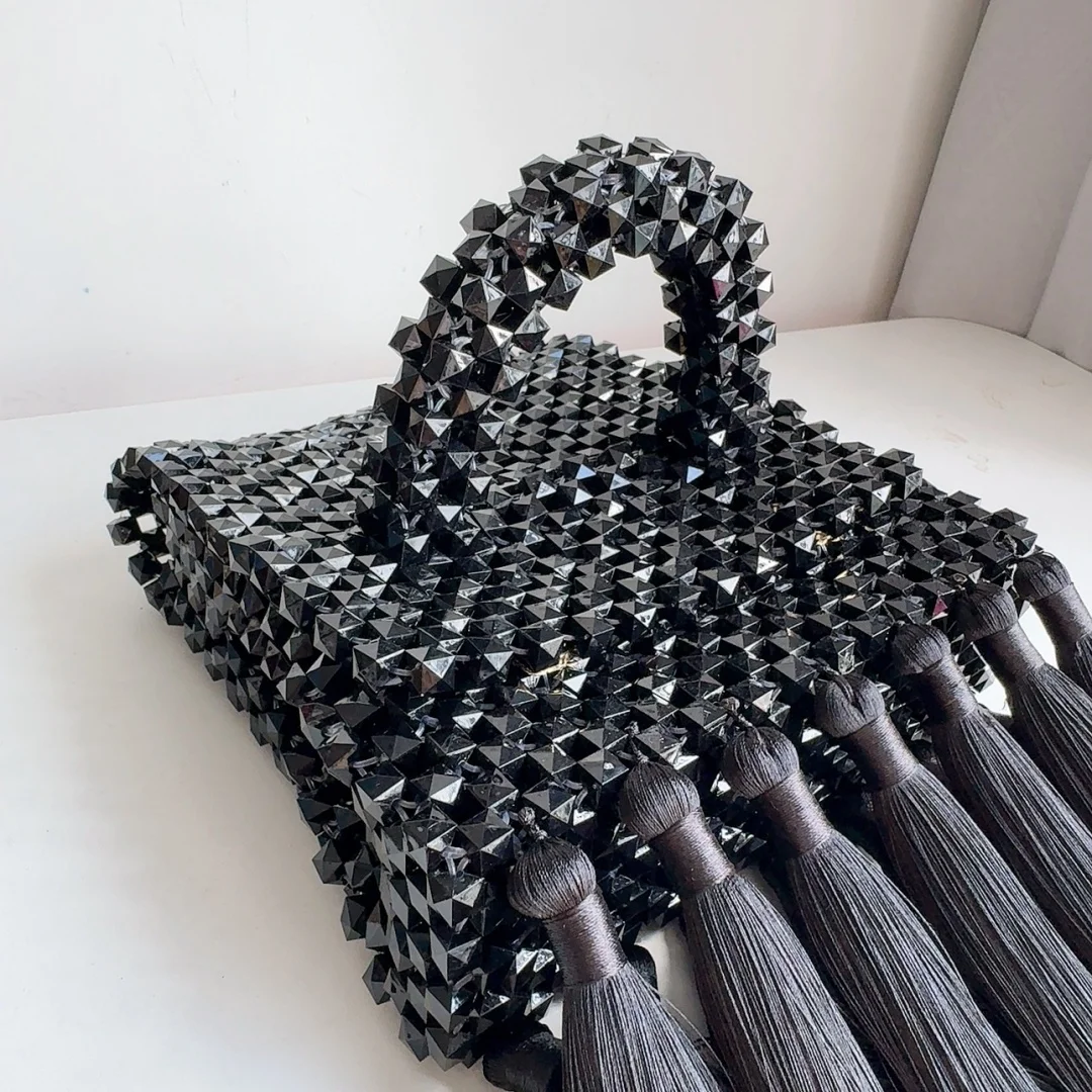 Black Beaded Bag With Fringe Handmade Beading Bag Fringe Weaving Female Bead Handbag