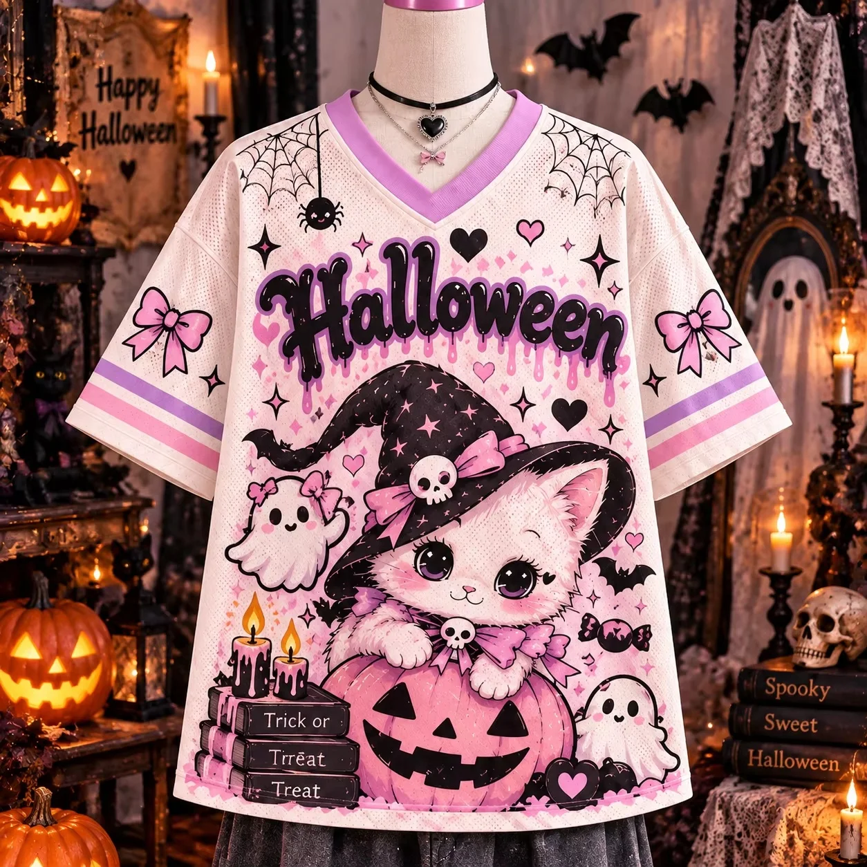 Pink Halloween Ghost Pumpkin Cat Printed T-shirt for Men and Women, Loose V-neck Short Sleeve, Cute Dark Bow Pattern Casual Top