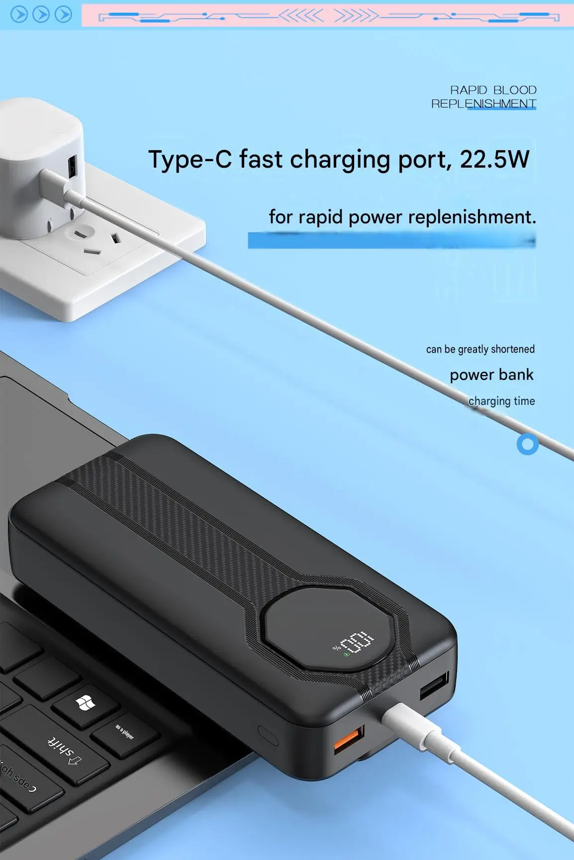 20000mAh Power Bank with Digital Display Built-in Cable Fast Charging Portable Charger 3C Certified Super Fast Charge Large Capacity External Battery Pack Airplane Friendly for Travel Smart Phone view 3