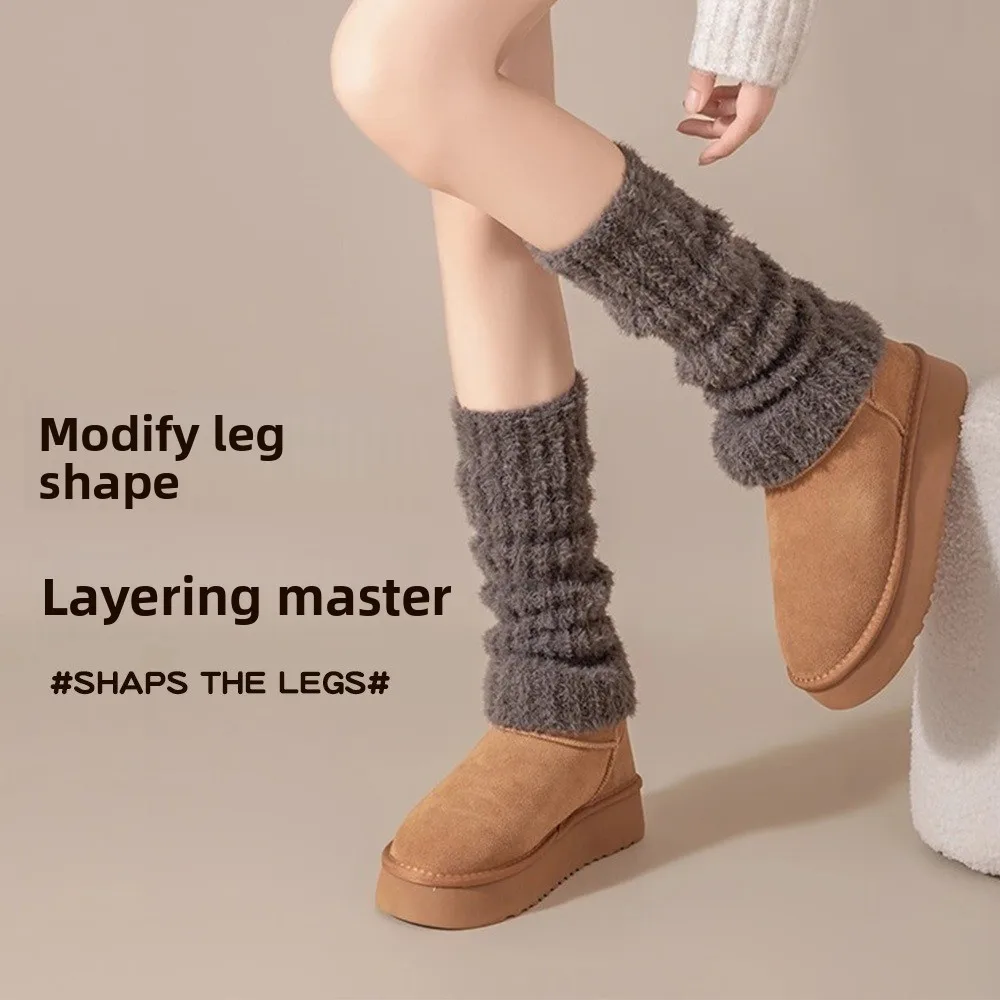 Y2K تقليد الثعلب الفراء المرأة جوارب طويلة حماية الساق الشتاء الدافئ كومة الجوارب النمط الياباني سميكة التمهيد الجوارب