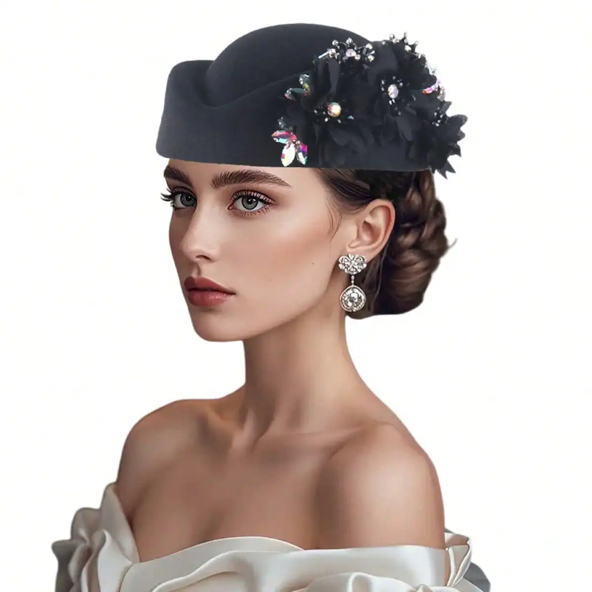 Frauen Pillbox Hut mit Blumen Vintage britischen Stil Derby Hüte Filz Baskenmütze Fascinators Caps für Kirche Tea Party