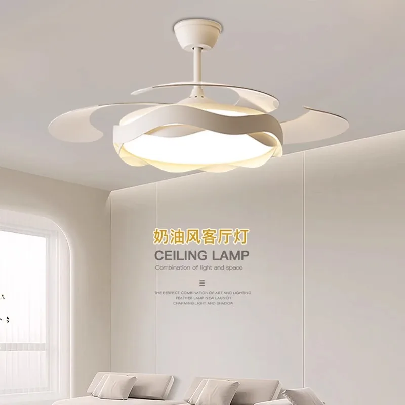 

48 inch master bedroom invisible fan light, modern minimalist cream style ceiling fan light, restaurant fan light 3-color light