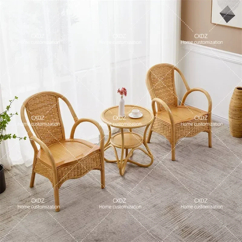 Indonesian Real Rattan Chair 3 Piece Balcony Leisure Table and Chair Set Household Natural Rattan Backrest Single Sofa Chair