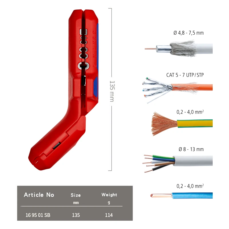 KNIPEX 169501SB Universal Stripping Tool 3 IN 1 Wire Strippers Curved Handle Ergostrip Metric Sizes Right Handed Version