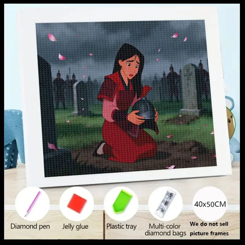 

1PC 5D DIY Full Drill Mulan Diamond Painting Kit, Poignant Warrior Heroine Art with Emotional Memorial Scene & Falling Cherry Bl