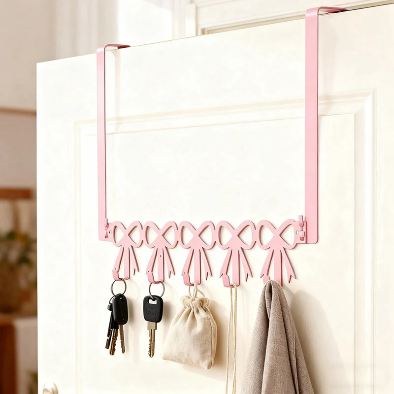 1pc Pink Heart Over The Door Hooks Hanger Wall Mount Towel Hanger Door Holder Organizer 5 Hooks Detachable Iron Bow Hooks view 4