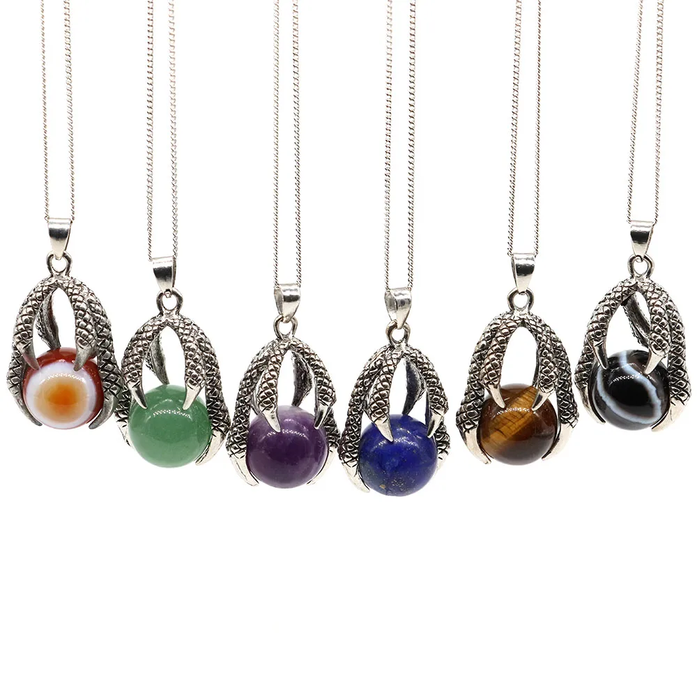 Natural Pink Quartz Amethyst Tiger Eye Round Bead Ball Dragon Claw Hold Pendants For Women Men Jewelry Necklace Gifts Wholesale