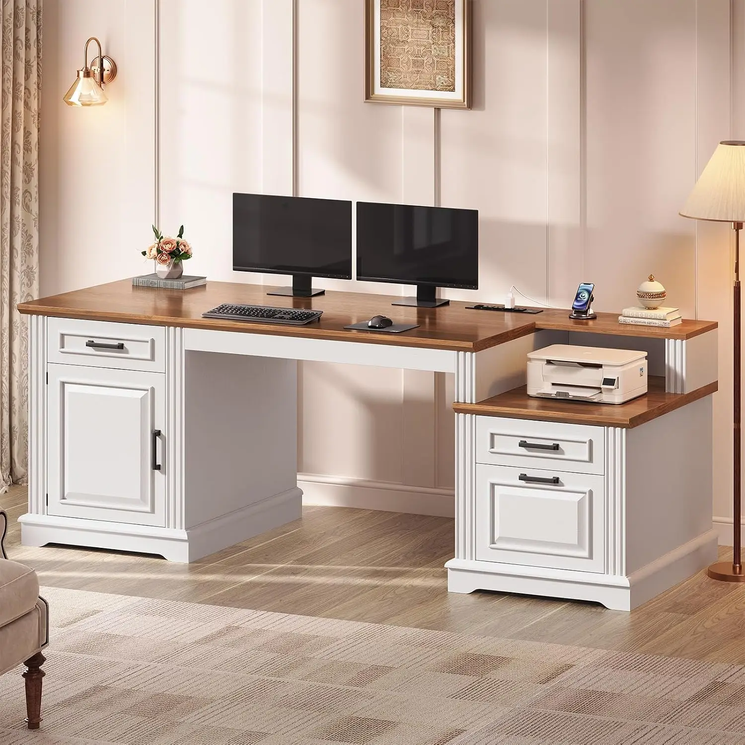 Farmhouse Executive Desk 62in File Drawers Storage Cabinet Power Outlet Home Office Work Study White Walnut, Customized