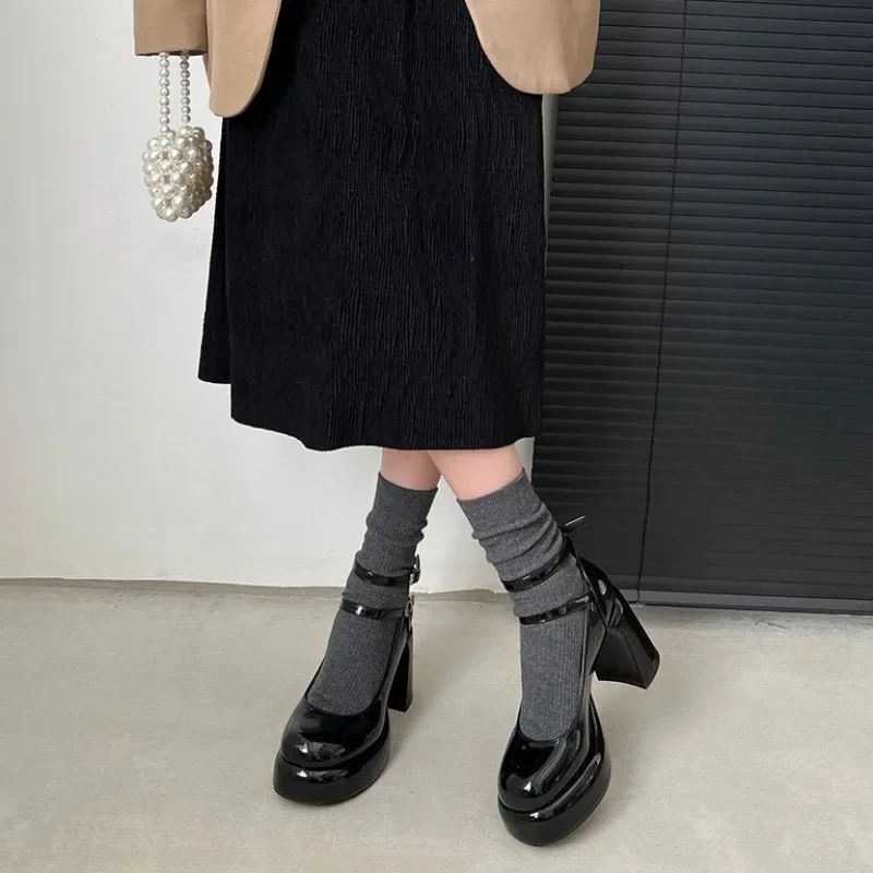 2024High Heels Women\'s Spring Autumn Pumps Shoes Red Black Retro Thick Soled Jane Ankle Buckle 9cm Chunky