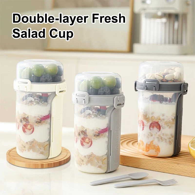 NEW* 600ML Salad Oatmeal Cup Breakfast Double Cup Cereal Nut Yogurt Container Set With Dressing Holder Fork Meal Preparation