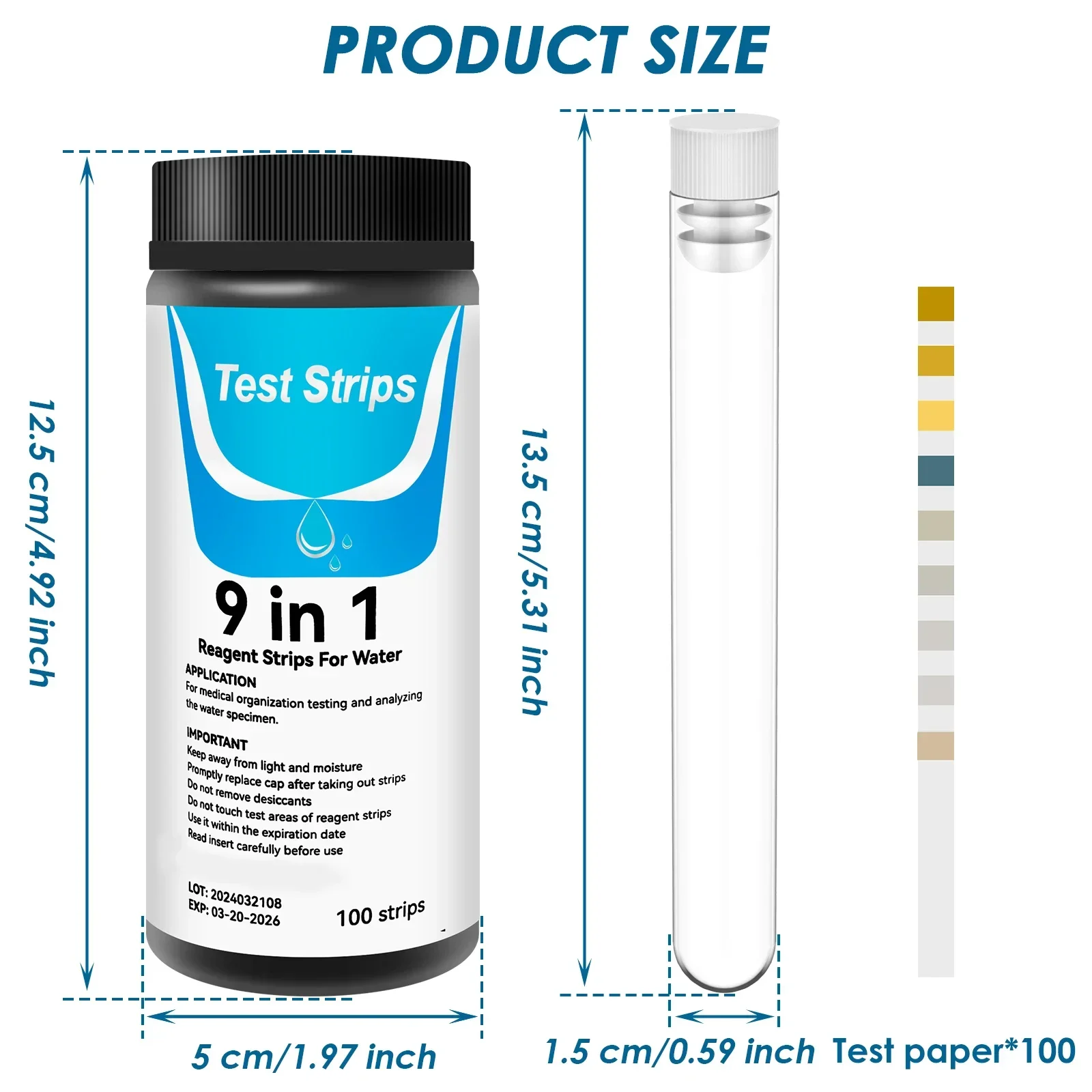 100 Pcs 9-IN-1 Aquarium Test Fish Tank Test Kit with Test Tube Water Quality Monitor pH Test Strips Strips Easy Fast Accurate