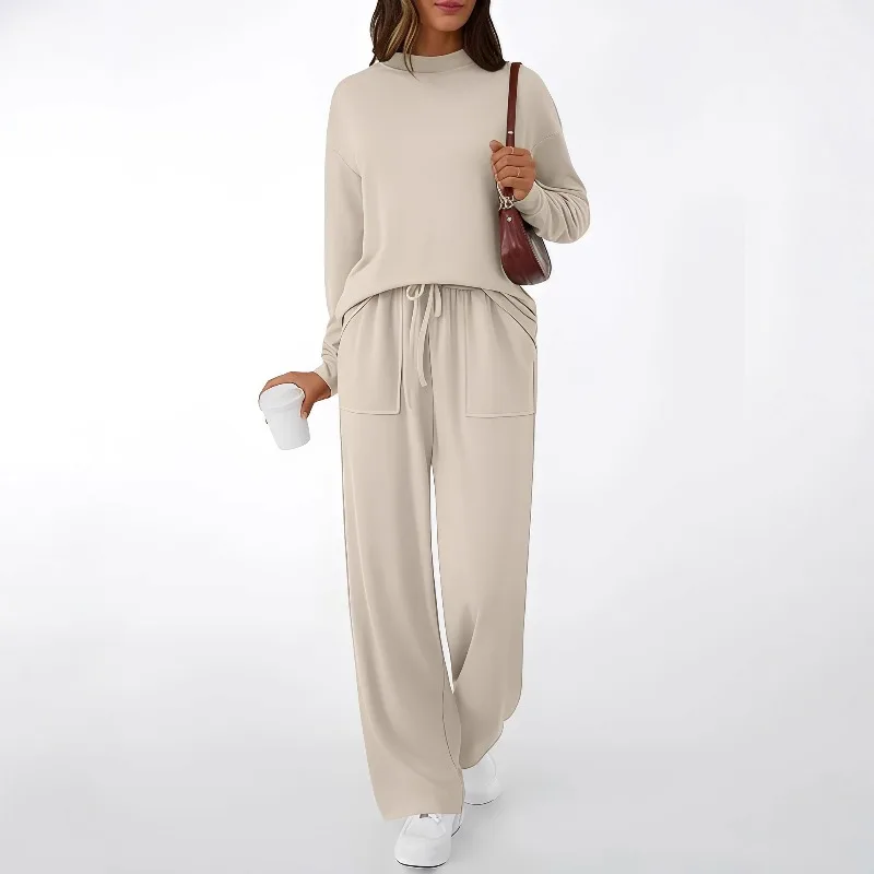 

Solid Two-piece set Women Fashion Long Sleeve Zipper Sweater Pullover Tie up Pocket Wide Leg Pant Suit Loose Casual Sport Sets
