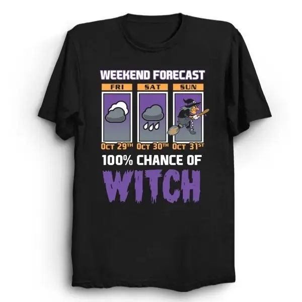 Забавная футболка Хэллоуин ведьма 100 шанс выходных прогноза 31 октября мультфильм