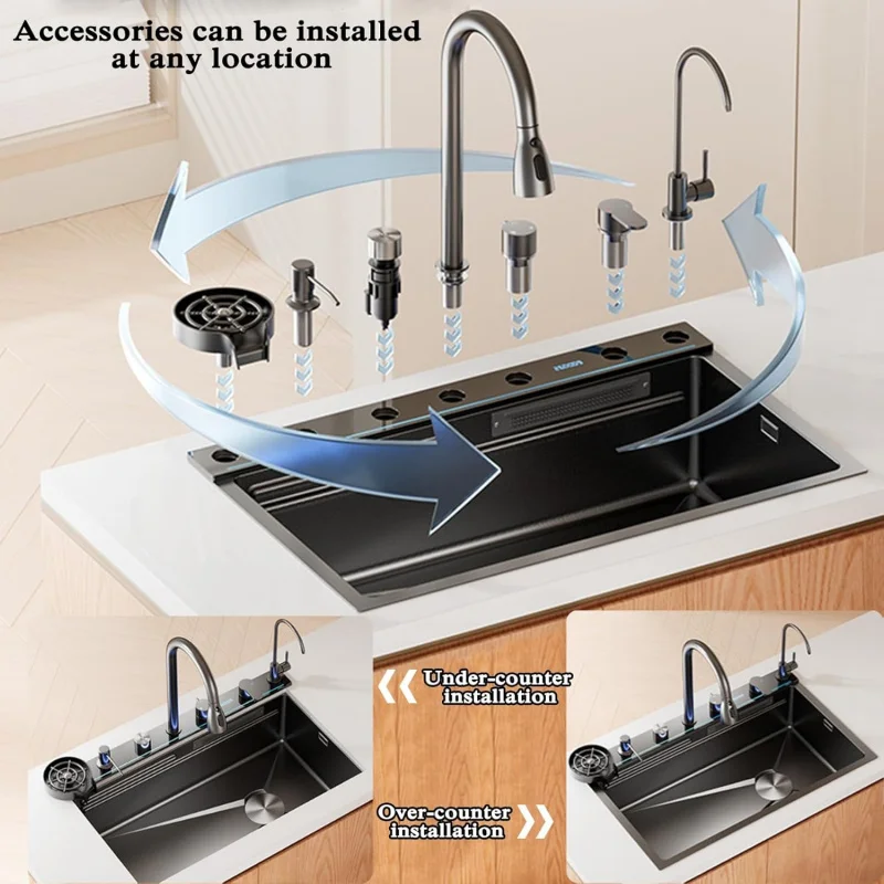 

(UUT)Кухонная раковина с правой стороны, две водопада, утолщенная нано-умывальник из нержавеющей стали для дома, балкона (80*46 см) EG