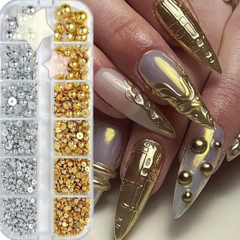 12Grids Mixed Semi Circular Pearl Gold And Silver Nail Charms Decor Manicure Nail Salon Accessories