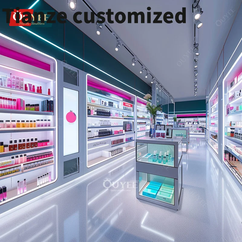 Customized-Glass Cosmetic Counter Design Shops Rack Perfume Glass Shelves Wig Counter Pink Store Beauty Display