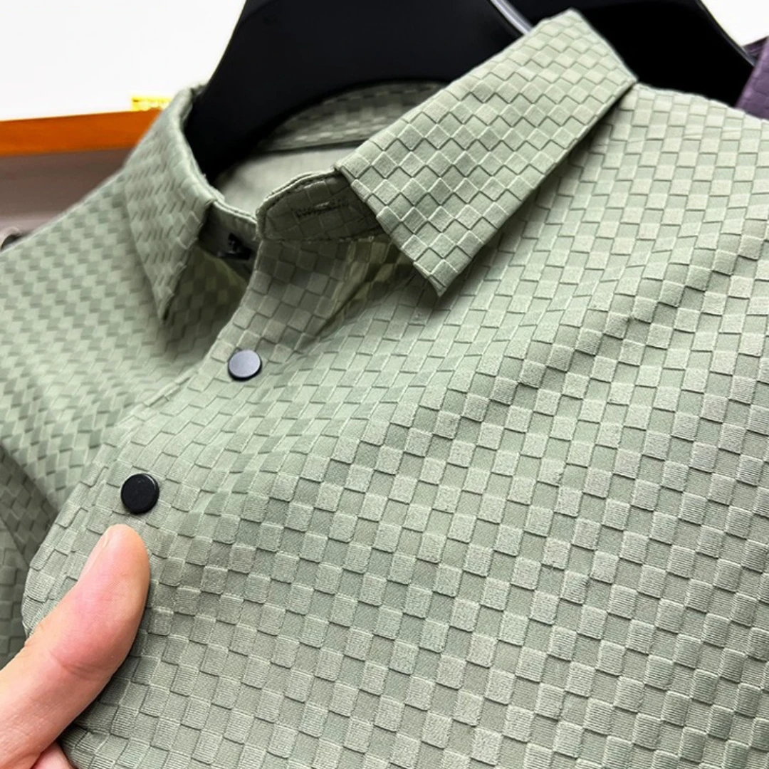 Luxury New Trend Ice Silk Lapel Breathable Polo Shirt Grid Print Short Sleeves 2023 Summer Fashion Business Casual Men\'s T-Shirt