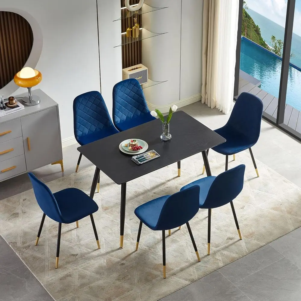 

Набор из 6 бархатных обеденных стульев с черными и золотыми ножками, темно-синие, для дома, ресторанов и кафе
