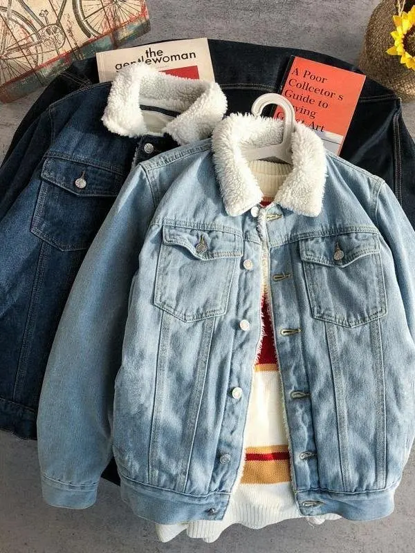 

Men's Winter Thiened Fce Lined Denim Jaet Loose Fit Street Sle Trendy Korean Loose And Haome Outerwear