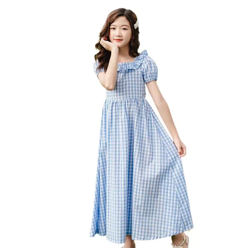 Kids Teen Girls Dress Retro Princess Maxi Long New 2024 Summer Children Cotton Plaid Casual Clothing Elegant 4 To 16Years