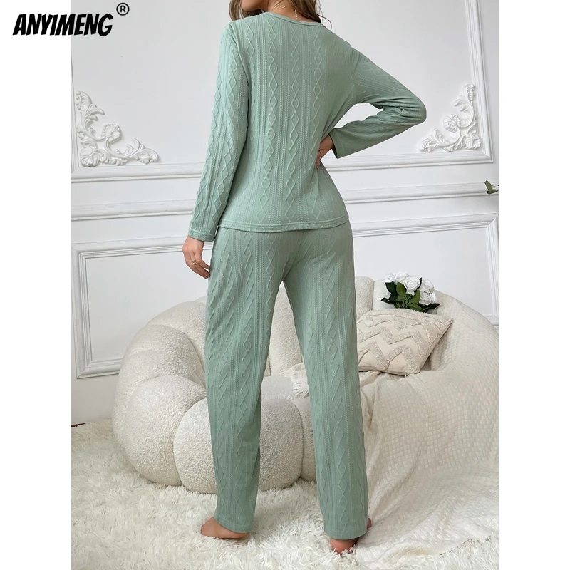 Aututmn Winter Women Solid Pajamas Jacquard Pajama Sets Milk Silk V-neck Sleepwear Elegant Women Pullover Pajama Sets