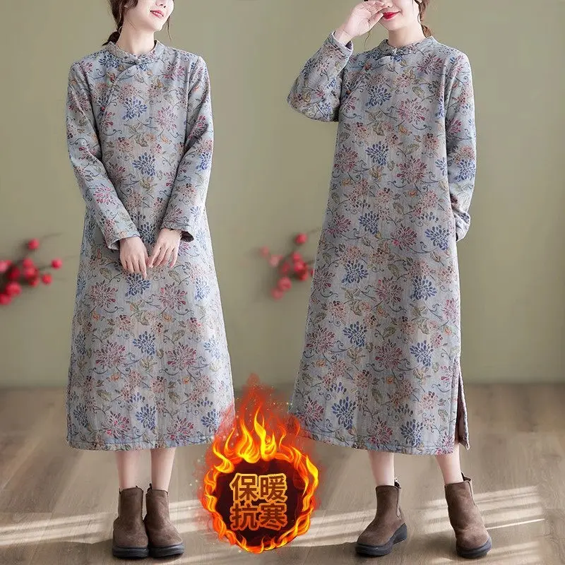 

Improved Qipao Quilted Jacket Women 2023 Autumn And Winter Elegant Floral Temperament Dress Pullover Cotton Padded Coat Z32278