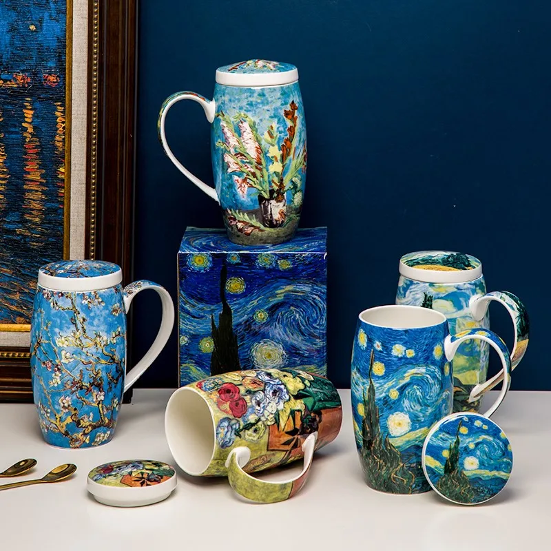 Canecas de café de porcelana de osso fino com pintura Van Gogh de grande capacidade com tampa em caixa de presente