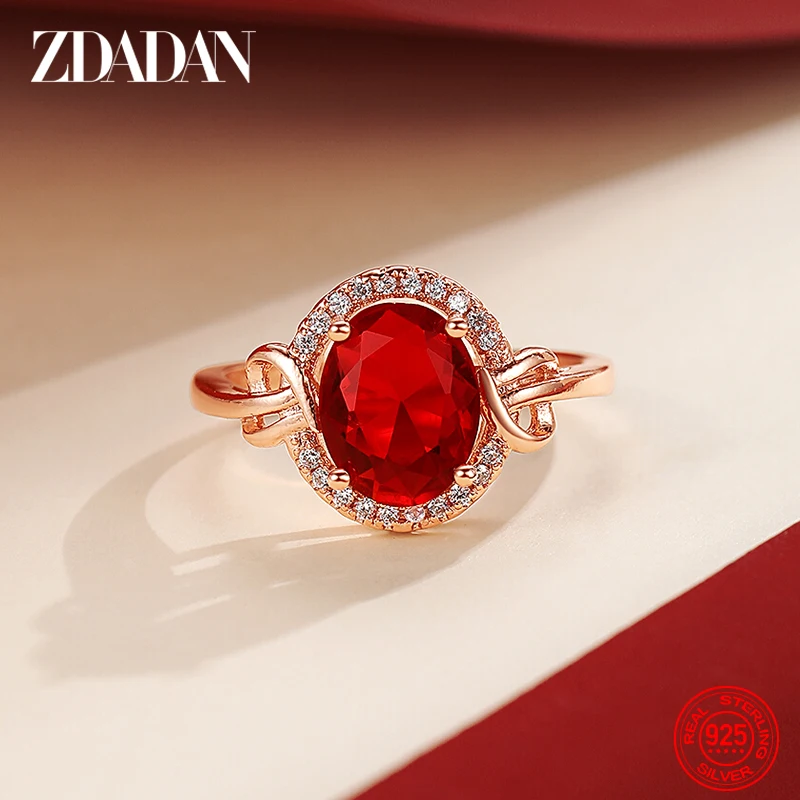 ZDADAN-anillo ovalado grande de Plata de Ley 925 con rubí de circonita para mujer, joyería con accesorios de regalo