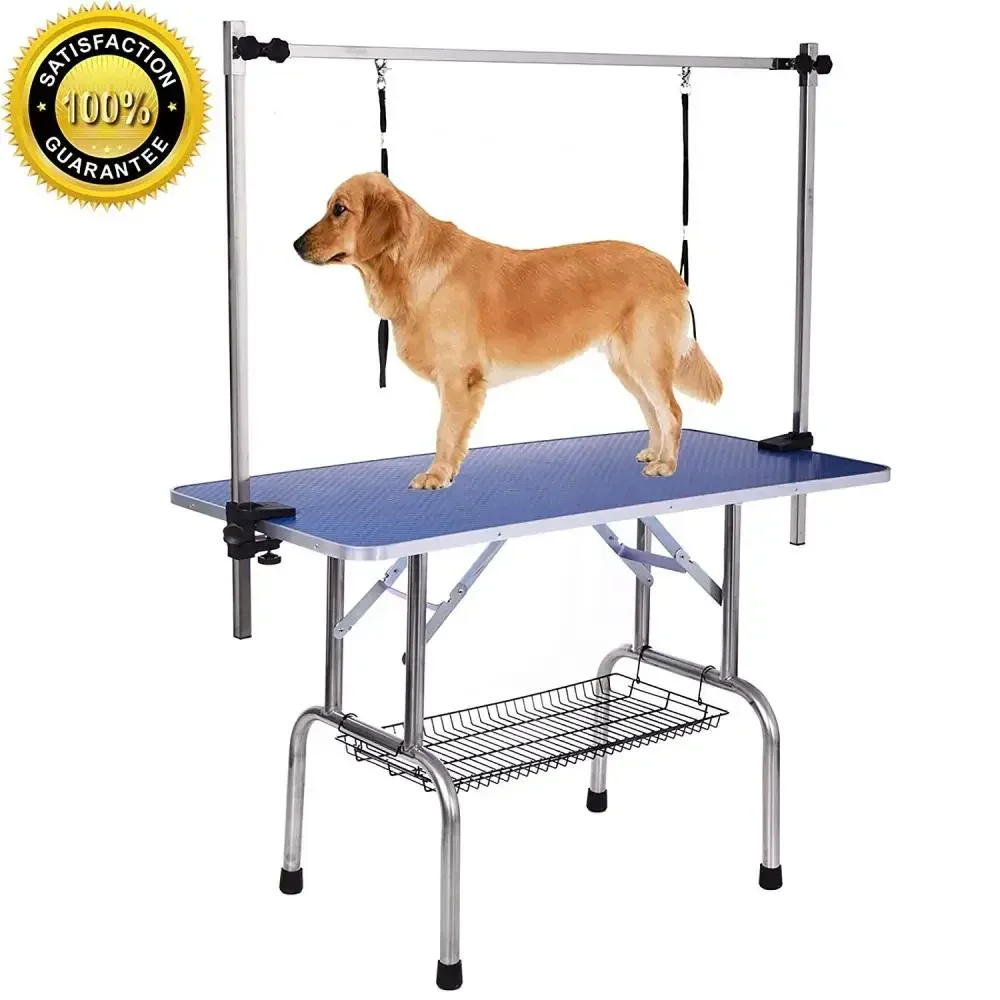 

NEW HIGH QUALITY FOLDING PET GROOMING TABLE STAINLESS LEGS AND ARMS BLUE RUBBER TOP STORAGE BASKET