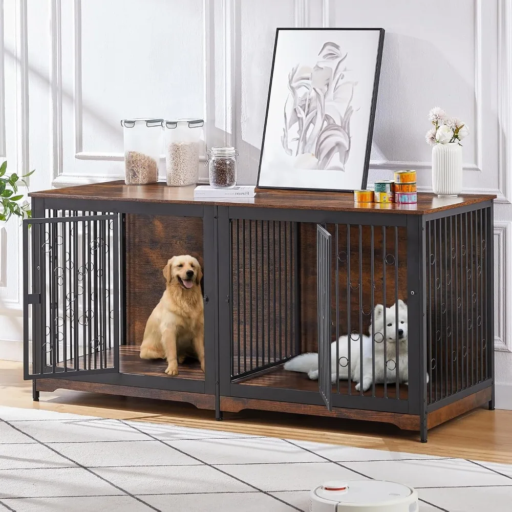 

71'' Dog Crate Furniture for 2 Large Medium Dogs, XXL Wooden Indoor Double Crate Kennel Cage Large Breed with Door, TV Stand End