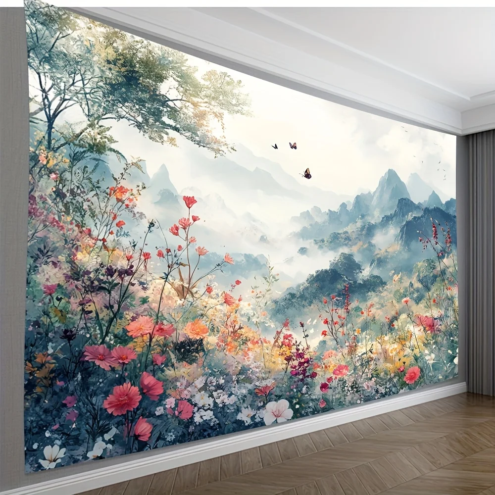 Chinese Landscape Tapestry, Misty Mountains and Colorful Flowers, Traditional Scenery Wall Hanging for Living Room