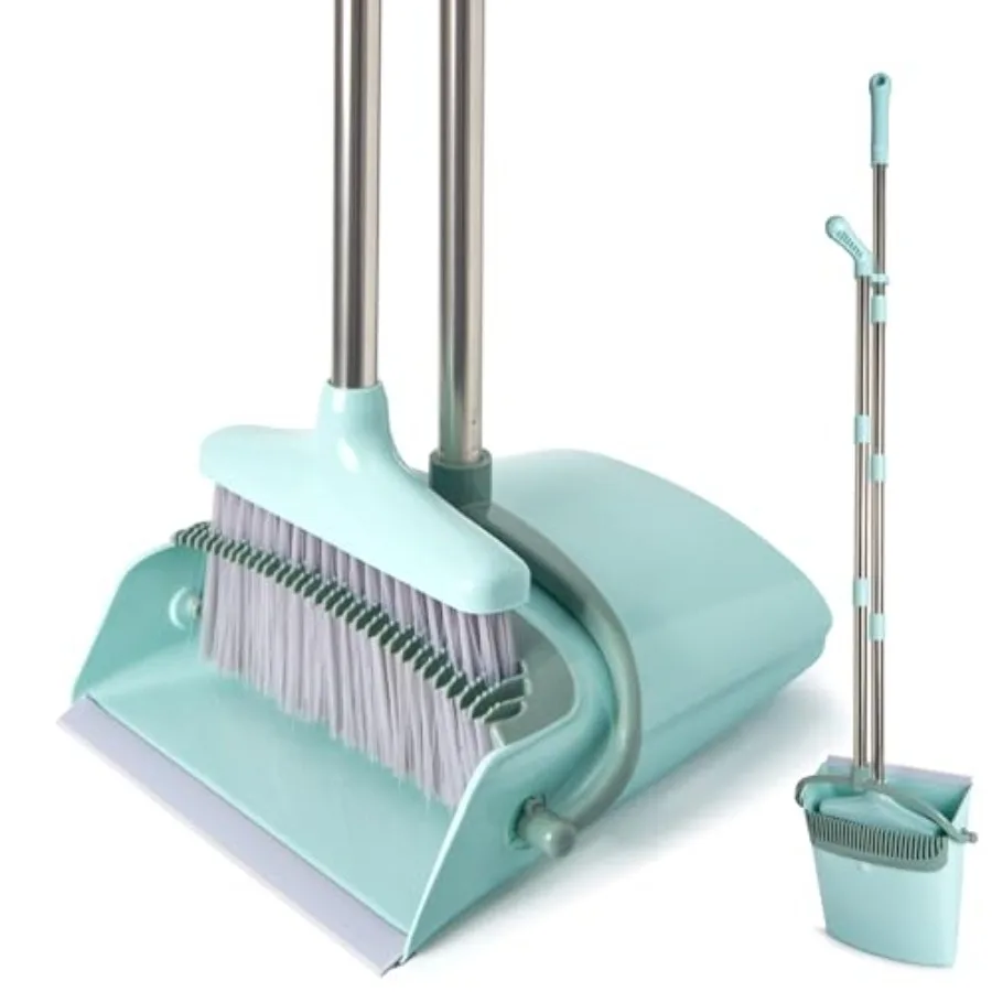 

Broom and Dustpan Set with Cleaning Teeth 55" Long Handle Indoor Sweeping Combo for Home Office Kitchen Bluish Green
