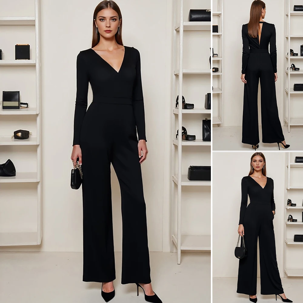 

Women's Winter Auntumn Blakc One-piece V-neck Waisted Plunge Neck Straight Leg Elegrant Jumpsuits for Fashion Social or Business