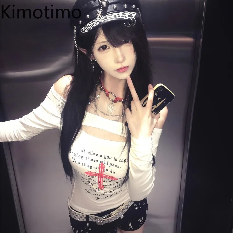 

Kimotimo Футболки с длинными рукавами и буквенным принтом для женщин Сексуальные футболки с открытыми плечами Slim Fit Base Crop Top Spicy Girl Y2k Эстетические футболки