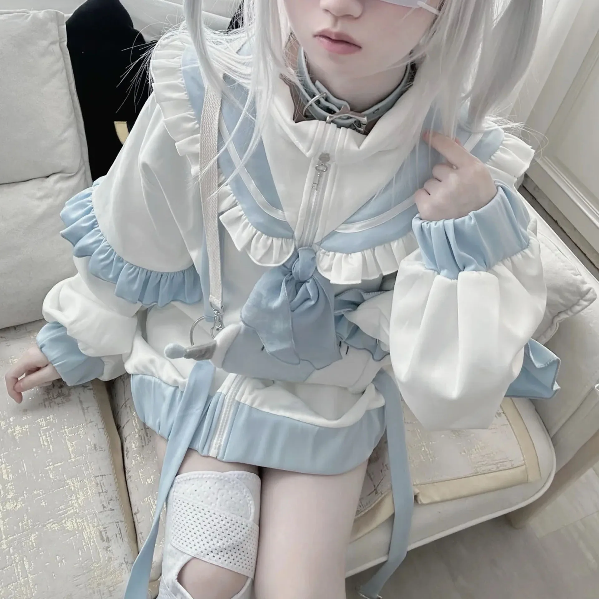 

2000-е годы однотонный белый синий японский свитшот Kawaii куртка Harajuku Sweet Wing Subculture свободный топ на молнии Cutecore гетры Y2K