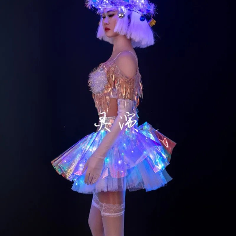 Bar Nightclub Party Show Singer Dancer Team Performance Costume Christmas Festival Clothing Sequin Tassel Top Laser Skirt Outfit